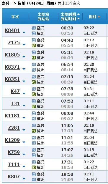 嘉兴站到杭州城站的列车时刻表