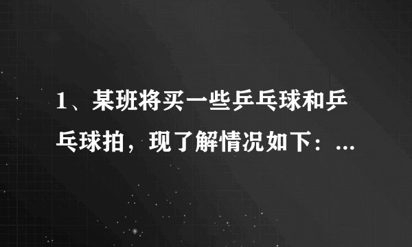 1、某班将买一些乒乓球和乒乓球拍，现了解情况如下：甲、乙两家商店出售两种同样品牌的乒乓球和乒乓球拍．