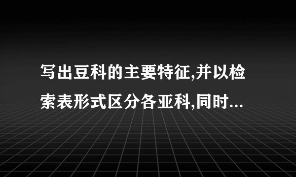 写出豆科的主要特征,并以检索表形式区分各亚科,同时例举药用植物4种。