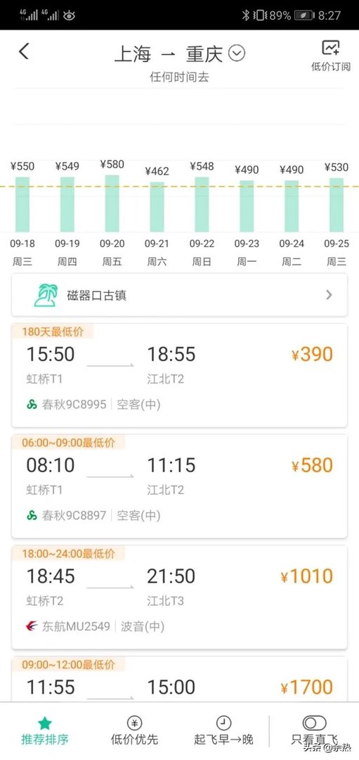 上海到重庆的特价机票哪个季节最便宜?
