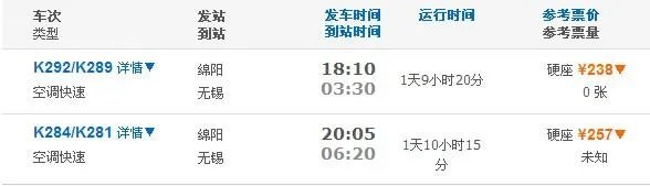 绵阳到无锡的列车时刻表